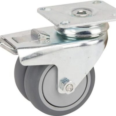 Pasukamas ratukas, guminis ratas: diametras 75x25mm, su stabdžiu, tvirtinimo plokštė: 77x67mm apkrova: 100kg, Tente – 2977PJP075P50