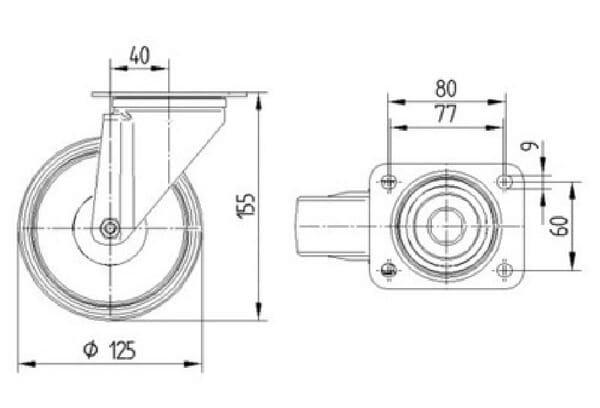 Pasukamas ratukas, Tente, guminis ratas, Ø 125x37 mm, plokštė 105x85mm, apkrova 100 kg – 3470DVJ125P62 - Image 4