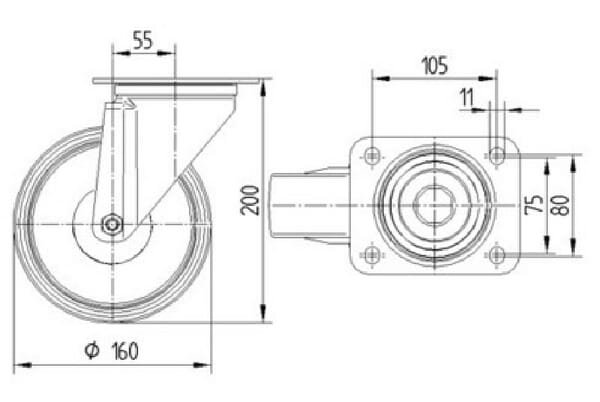 Pasukamas ratukas, Tente, guminis ratas, Ø 160x40 mm, plokštė 137x105mm, apkrova 135 kg – 3470DVR160P63 - Image 2