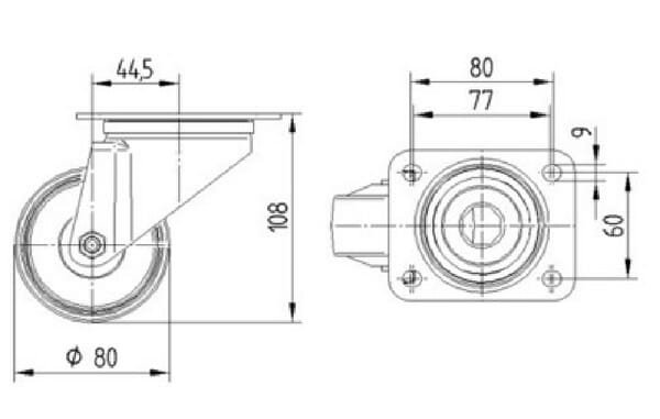 Pasukamas ratukas, Tente, ratas, Ø 80x32 mm, plokštė 105x85mm, apkrova 100 kg – 3470UAR080P62 - Image 2