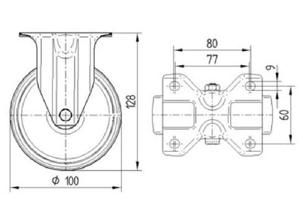 Fiksuotas ratukas, Tente, poliamidinis ratas, Ø 100x36 mm, plokštė 103x85mm, apkrova 160 kg – 3478HUR100P62 - Image 2