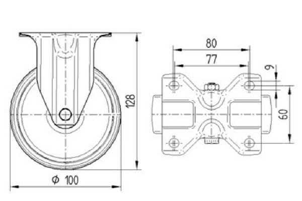 Fiksuotas ratukas, Tente, guminis ratas, Ø 100x40 mm, plokštė 105x85mm, apkrova 200 kg – 3478IEP100P62 - Image 3