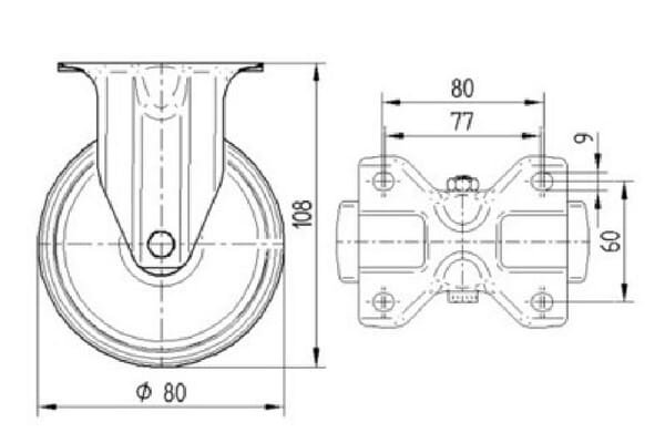 Fiksuotas ratukas, Tente, guminis ratas, Ø 80x35 mm, plokštė 103x85mm, apkrova 70 kg – 3478PIR080P62 - Image 3