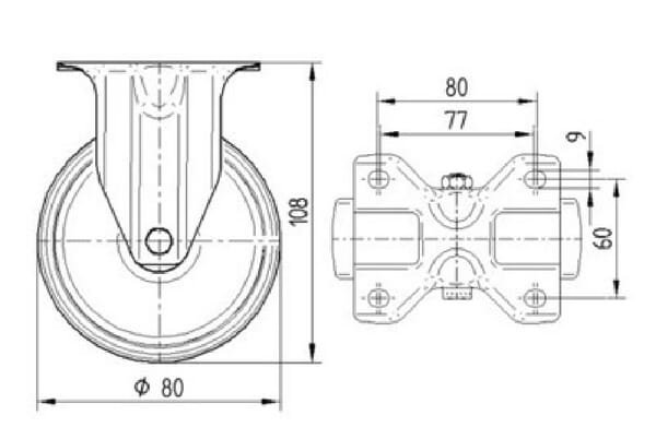 Fiksuotas ratukas, Tente, ratas, Ø 80x32 mm, plokštė 103x85mm, apkrova 100 kg – 3478UAR080P62 - Image 3