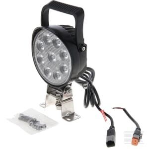 Darbinė lempa LED, 54W, 5100lm, apvali, 12/24V, Ø133x75mm, Deutsch jungtis, Flood, 9 LED, rankena + jungiklis LA10620