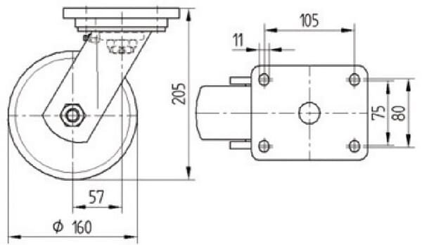 Pasukamas ratukas, poliuretaninis, 160x50 mm, plokštės tvirtinimas: 135x110 mm, apkrova 750 kg, Tente – 9680FTP160P63 - Image 2