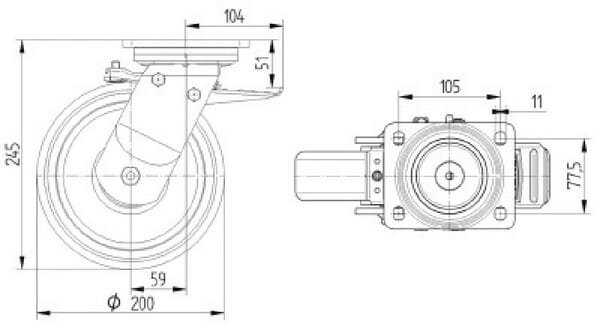 Pasukamas ratukas su stabdžiu, poliamidinis, 200x50 mm, plokštės tvirtinimas: 135x110 mm, apkrova 1,000 kg, Tente – 9682TOP200P63 - Image 3