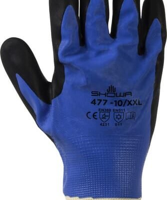 Darbo pirštinės Showa 477, baltos, mėlynos ir juodos, poliesterio, nailono ir akrilo, 28,5 cm, dydis 9/XL, HS4779