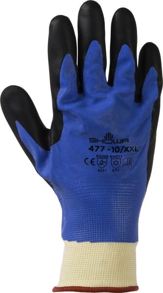 Darbo pirštinės Showa 477, baltos, mėlynos ir juodos, poliesterio, nailono ir akrilo, 28,5 cm, dydis 9/XL, HS4779