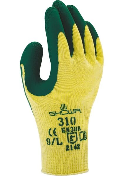 Medvilninės darbo pirštinės Showa Grip 310, geltonos ir žalios, 24 cm, dydis 9/L, HS7572
